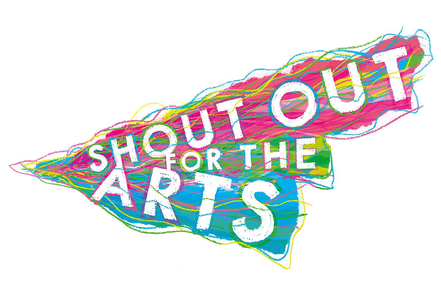 The text ‘shout out for the arts’ in white on a pink, blue yellow and green wavy, patterned background