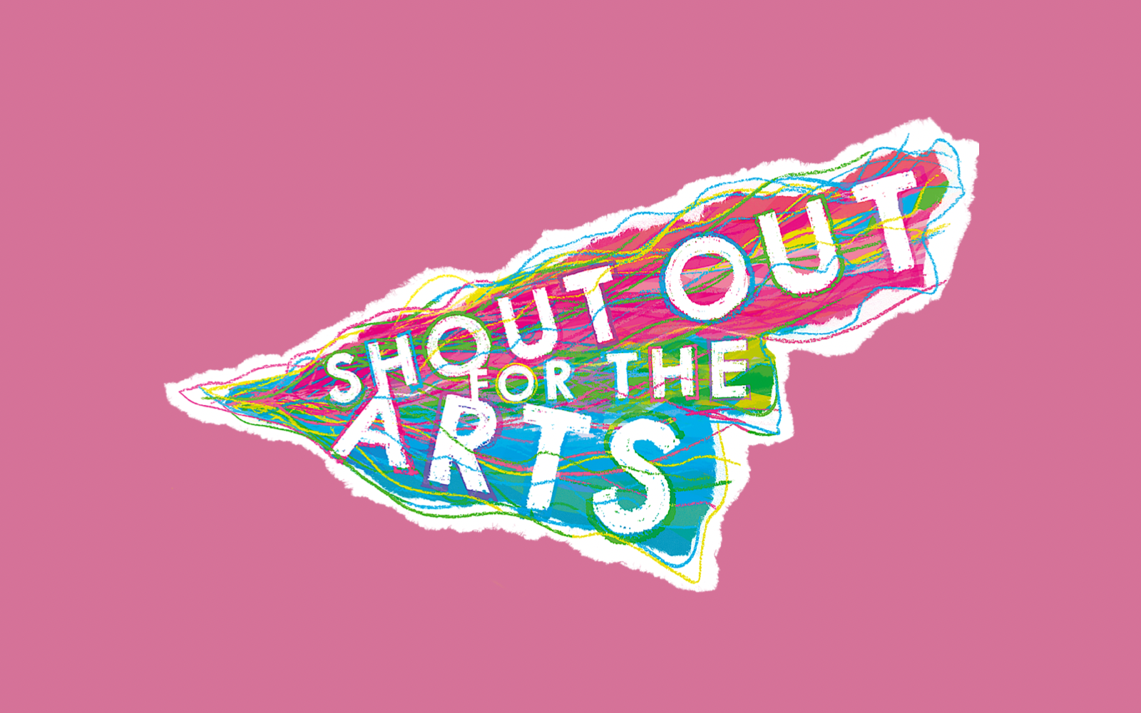 A logo which says ‘shout out for the arts’ is on a pink background