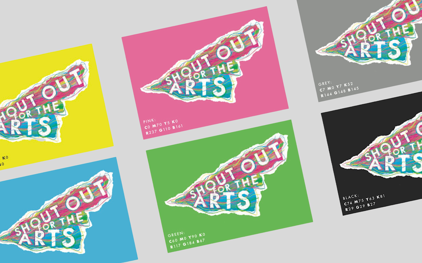 A logo is repeated on different coloured backgrounds - yellow, blue, pink, green, black and grey