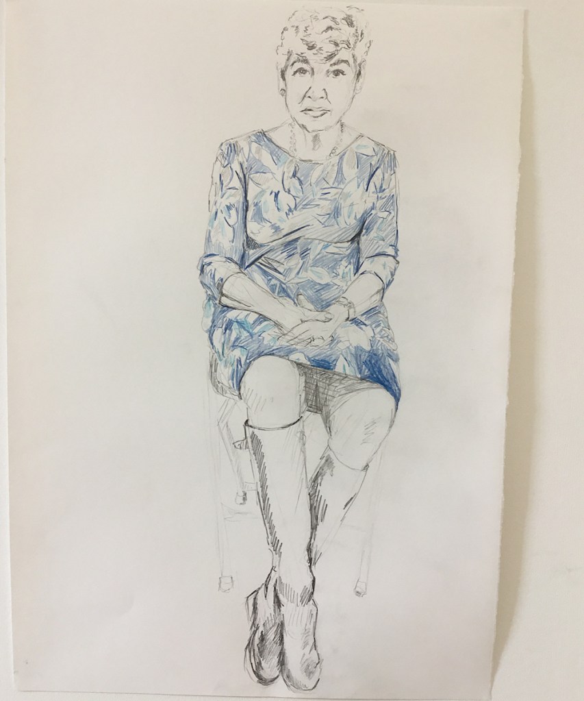 A sketch by artist Alisha Miller done with pencil shows a person in a blue floral dress sitting on a stool