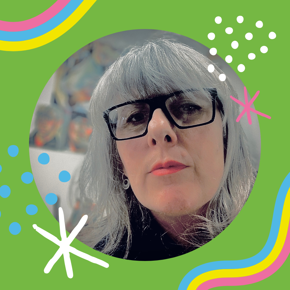 The face of artist Alisha Miller – a person with black rimmed rectangular shaped glasses and blonde hair