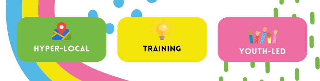 Text: hyper-local, training, youth-led