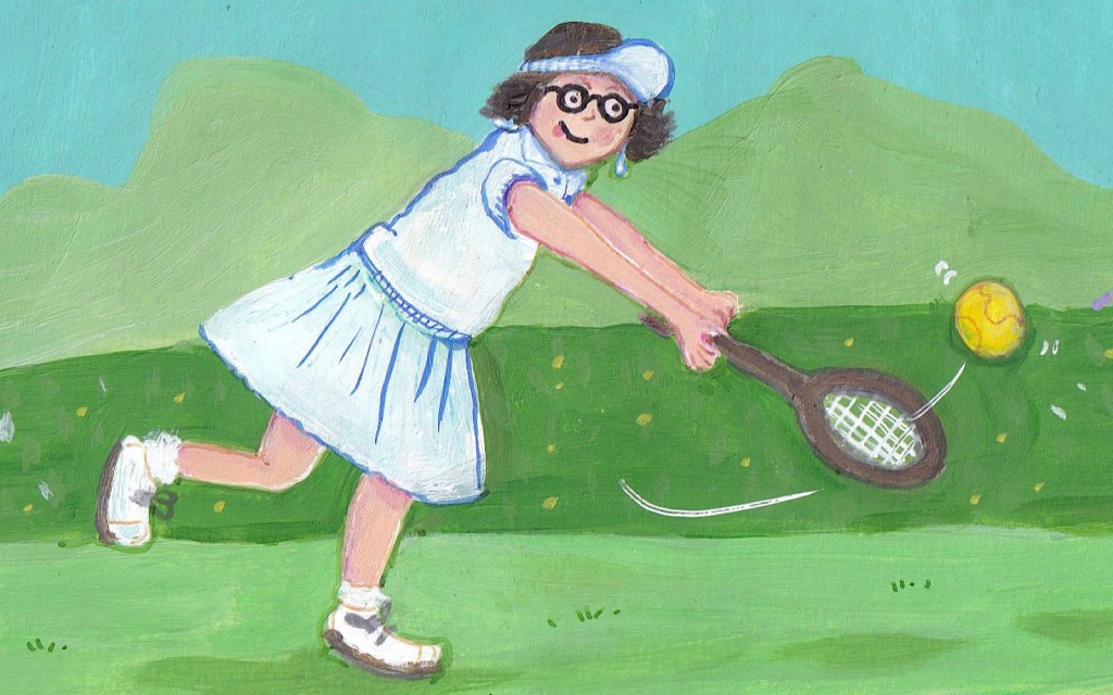 An artist’s painting of someone playing tennis in a white outfit in front of grassy hills