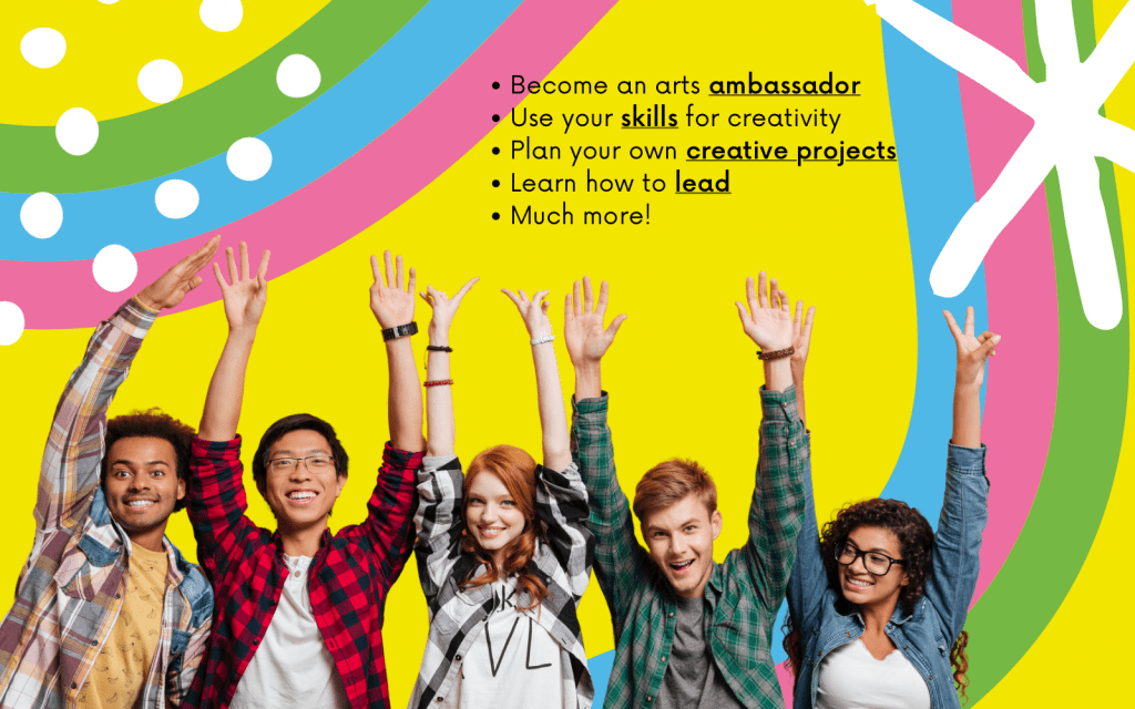 Five young people raise their arms in the air