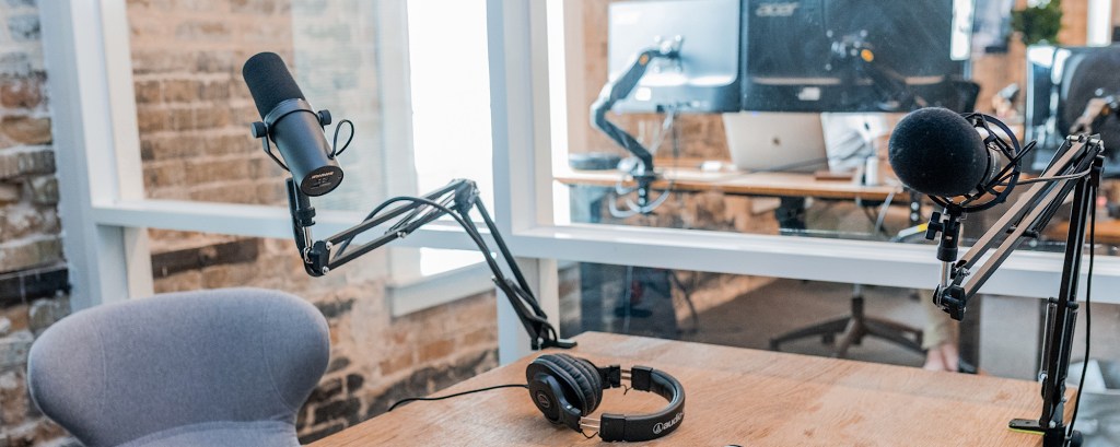 A studio is set up for a podcast recording