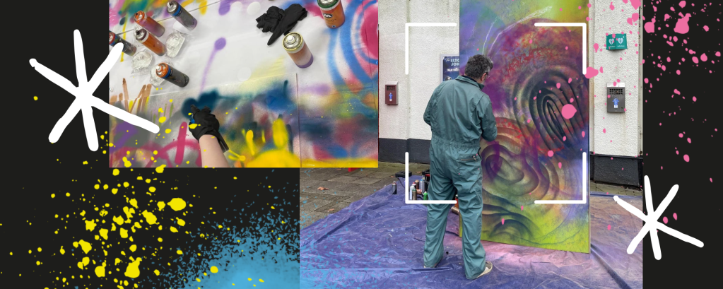 A collage of two images – one of an artist painting street art and a close up of a hand using a spray can