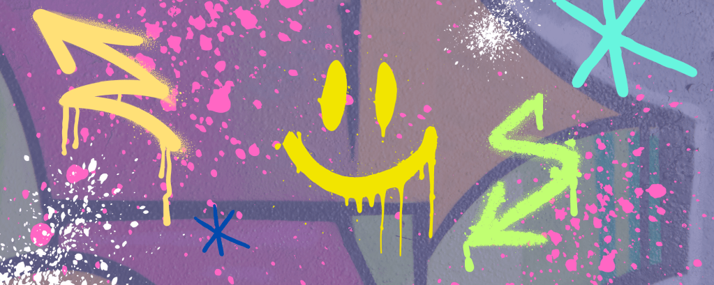 An illustration of a wall coloured in colourful graffiti