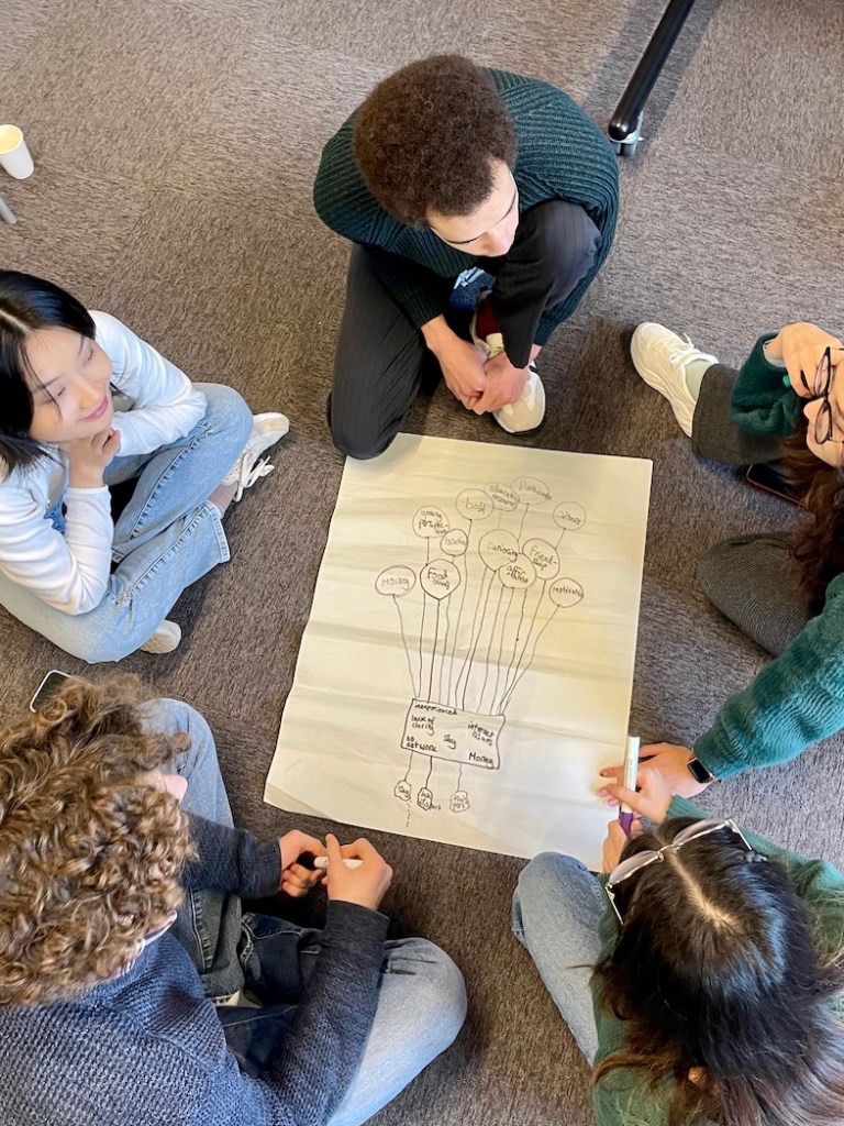 A group of five students take place in a workshop and they draw on a piece of paper on the floor