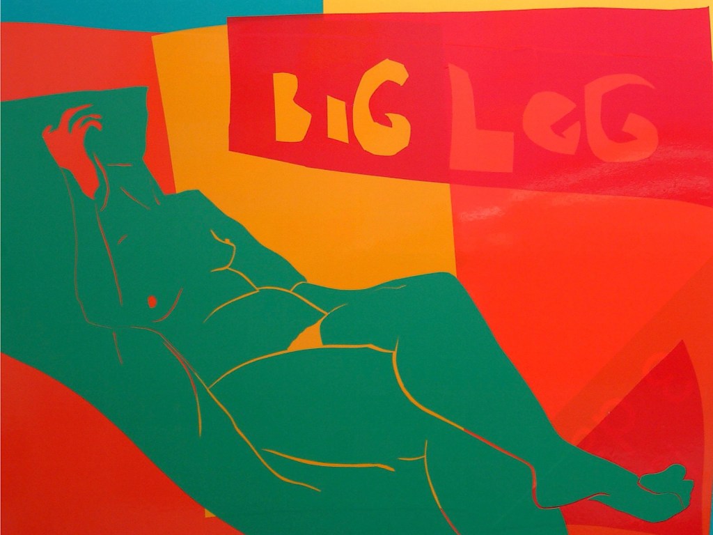 A piece of art by Alisha Miller is of the outline of a body in green with red and yellow abstract shapes in the background and the words ‘big leg’