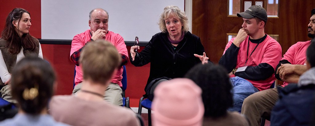 A panel of five professionals wearing pink t-shirts talk to a room of young people