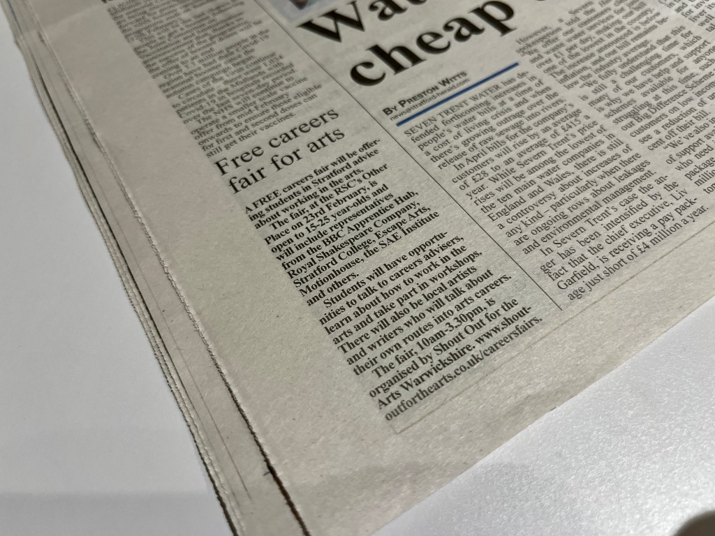 A newspaper article titled ‘free careers fair for arts’