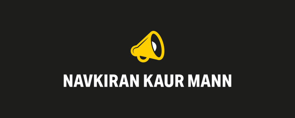 The words ‘Navkiran Kaur Mann’ on a black background with a bell symbol