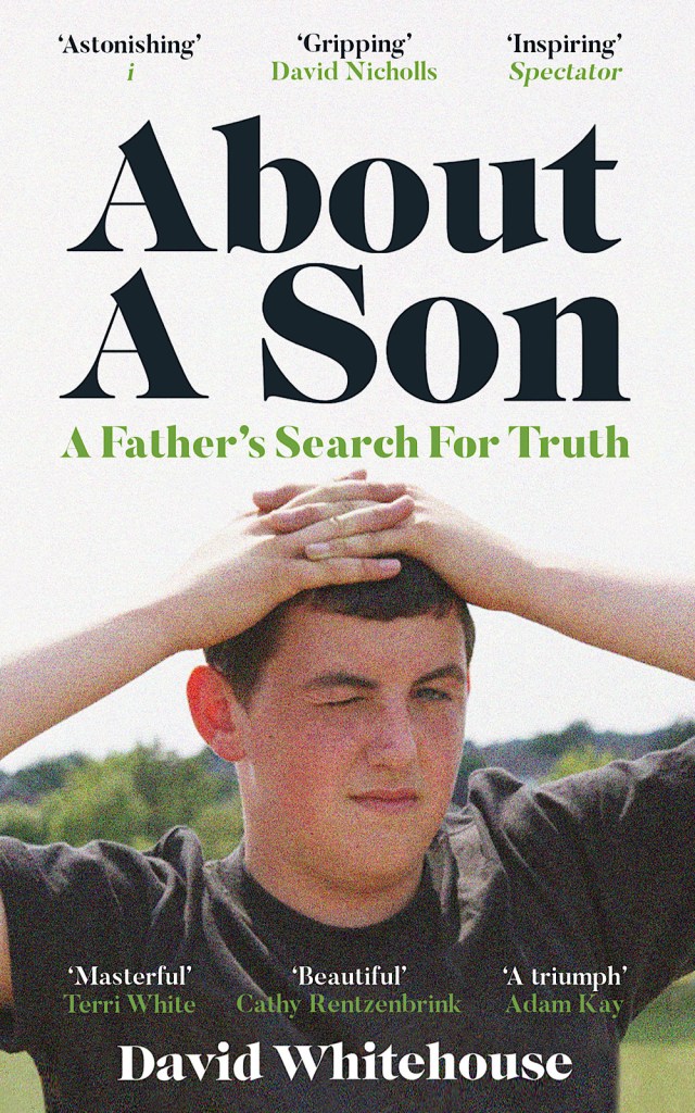 A book cover shows a boy with his hands on his head and the title ‘About a Son’