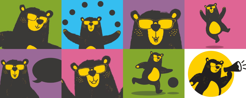 A collage of eight pictures of an illustration of a bear on brightly-coloured backgrounds and the bear is in different poses