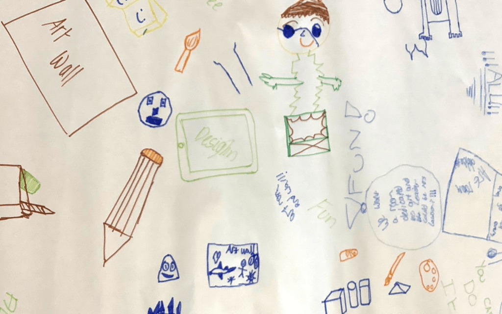 Children’s drawings and writing on a piece of white paper