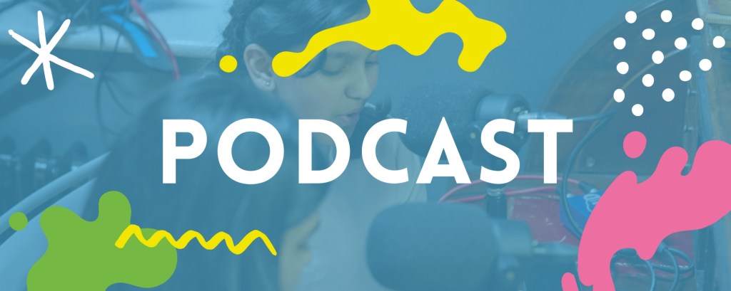 The word podcast on a blue background