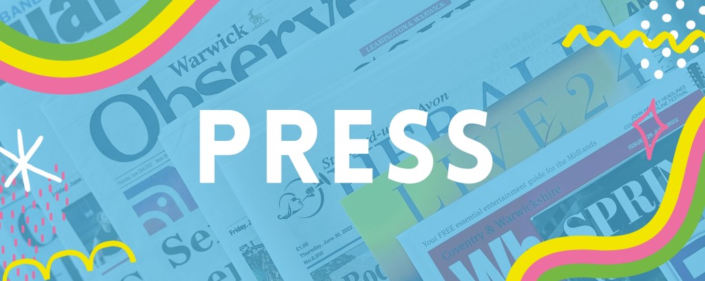 The word press on a blue background with a photograph of newspapers in the background