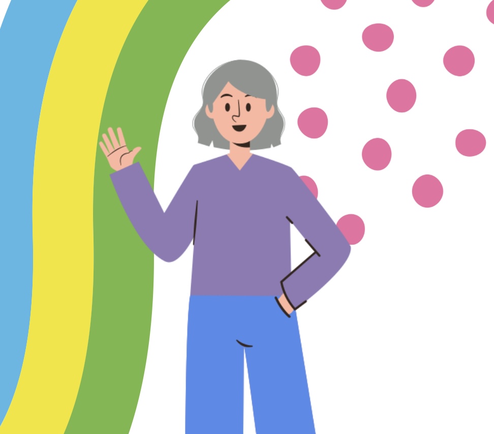 An icon of a person wearing a purple shirt with shoulder-length grey hair