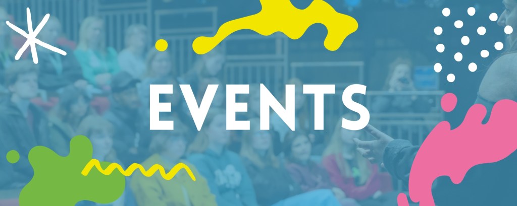 The word events on a blue background