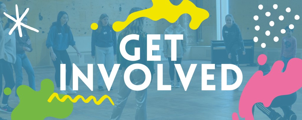 The words get involved on a blue background