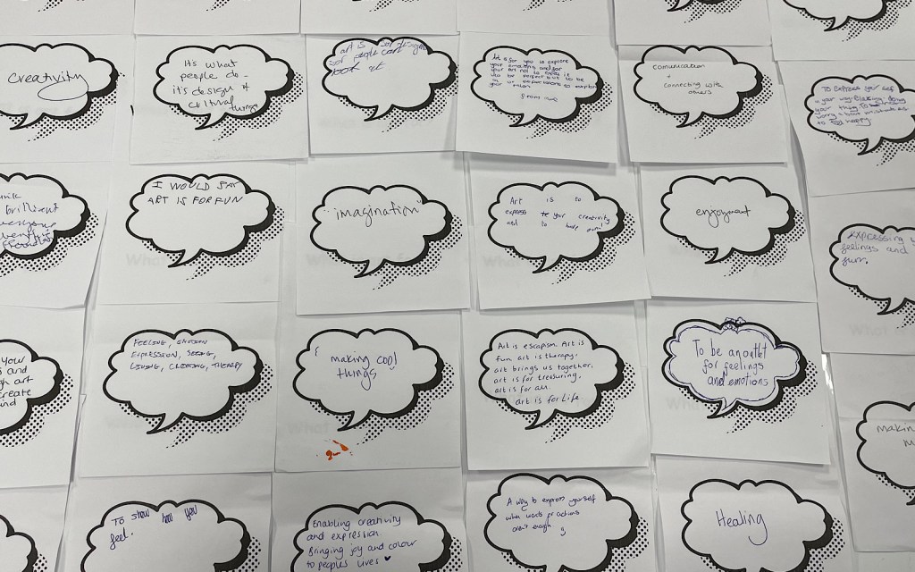 29 pieces of paper include 29 quotes from children about what they think art is for, and some of the comments include ‘expression’, ‘healing’ and more
