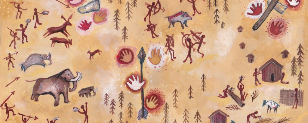 An illustration of cave paintings including stick figures with arrows and woolly mammoths