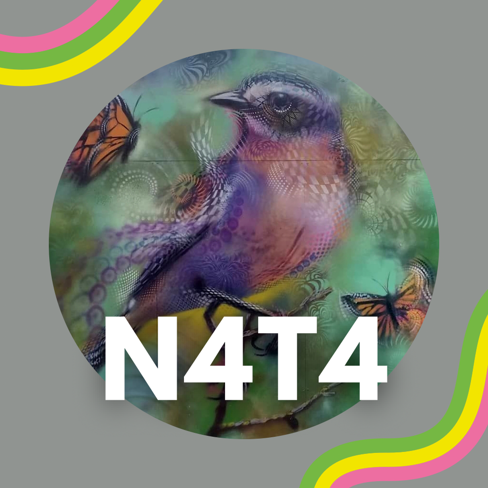 A graffiti painting of a purple bird on a branch surrounded by orange butterflies