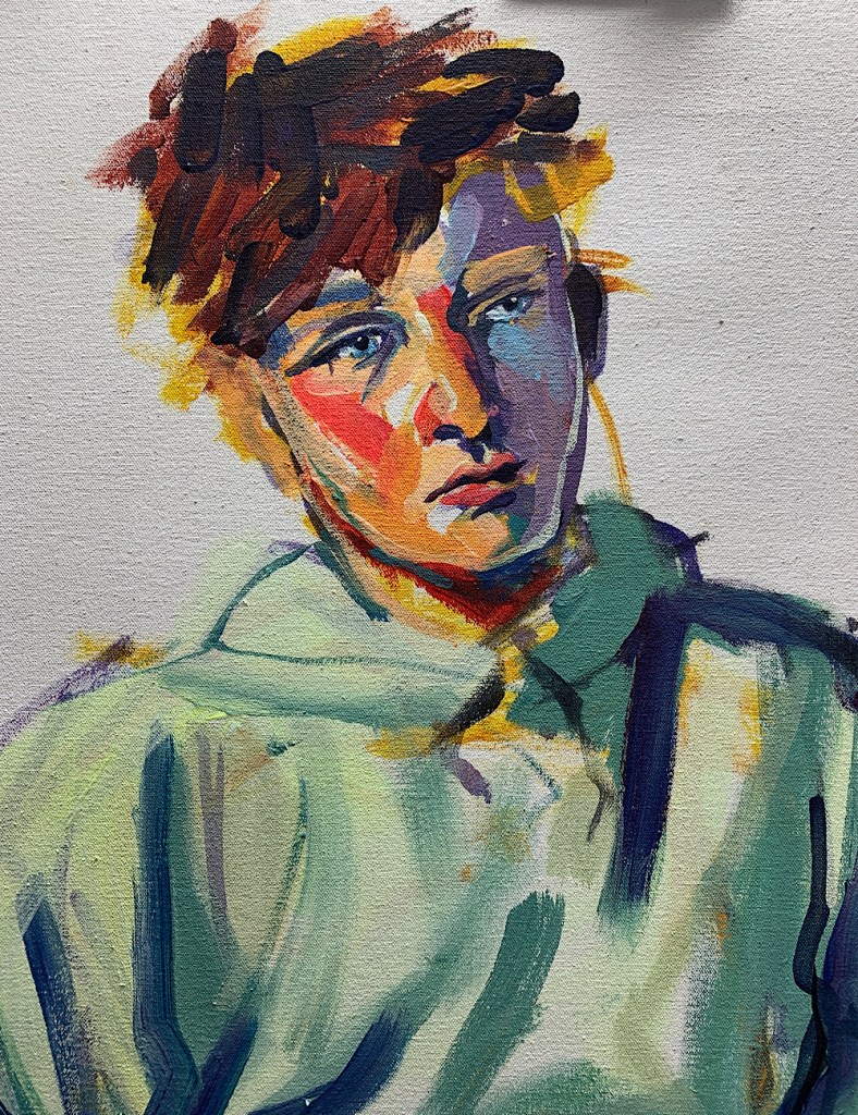 A portrait of a face by Alisha Miller is of an individual with a green hoodie on and brown hair