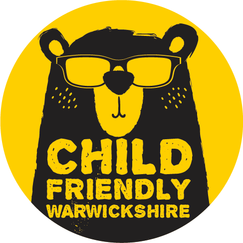 A yellow and black logo of a bear says Child Friendly Warwickshire