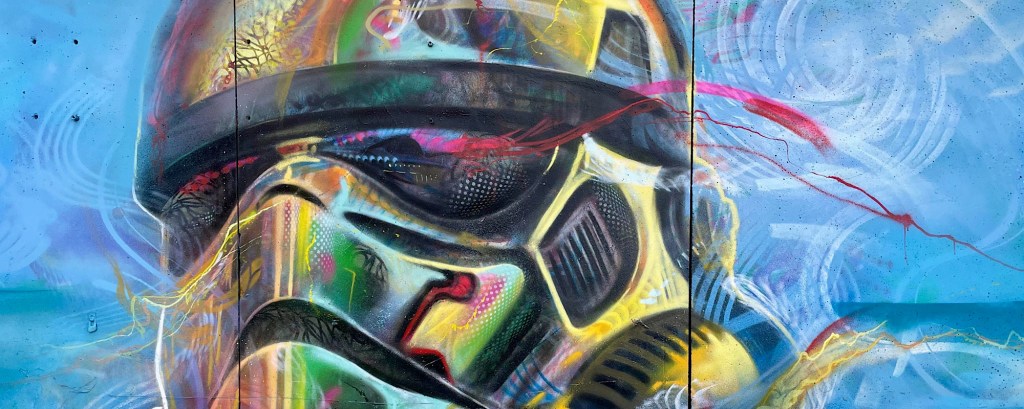 Star Wars street art in Nuneaton uses bright colours and shows an alien-like mask helmet