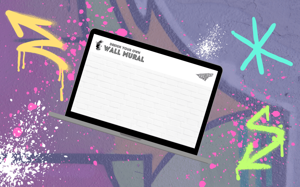 A laptop screen has a worksheet on it asking students to ‘design their own mural’ in a blank space