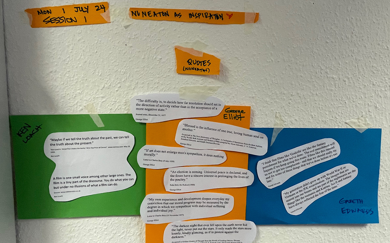 A wall of quotes that have been cut out of paper