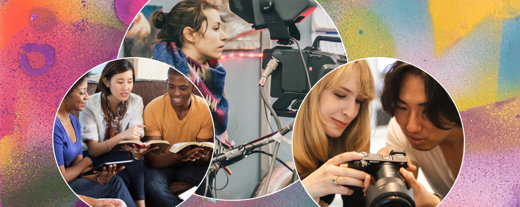 Three images in a collage show young people learning about film and photography