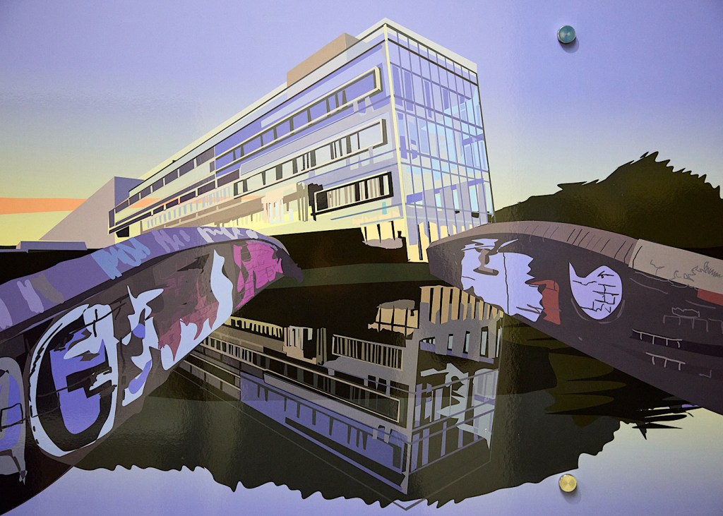 An illustrative piece of art shows a building a bridge over water