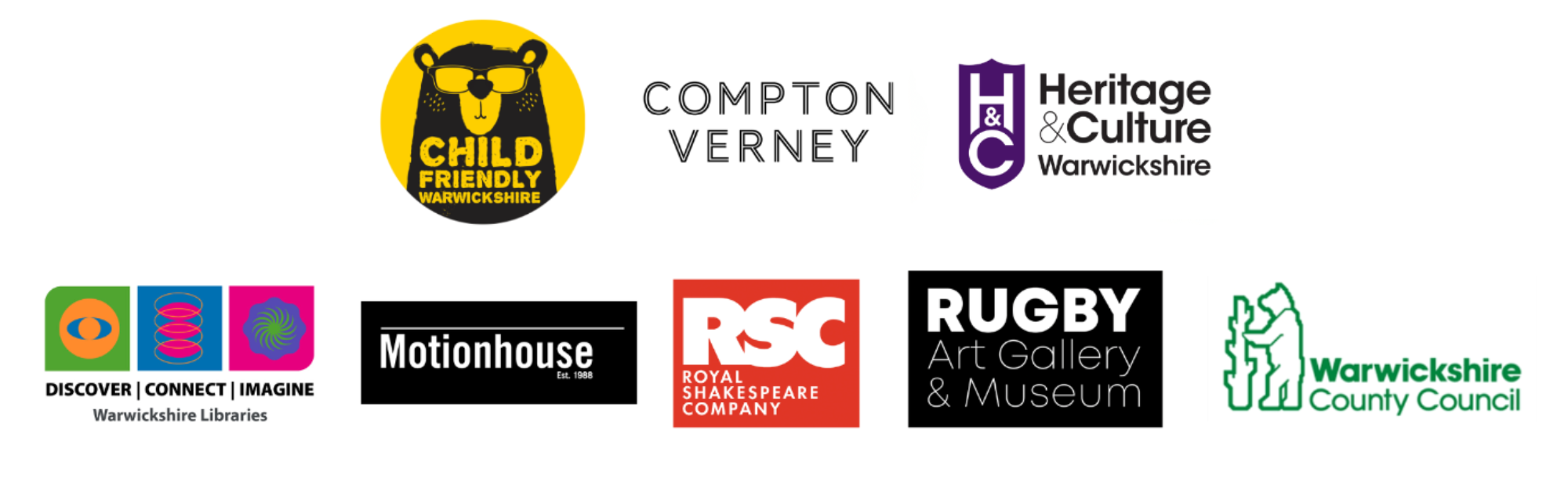 Logos for Child Friendly Warwickshire, Compton Verney, Heritage and Culture Warwickshire, Warwickshire Libraries, Motionhouse, the RSC, Rugby Museum and Art Gallery and Warwickshire County Council